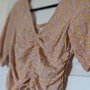 H&M Pink and Yellow Floral Ruched Button-Down Top